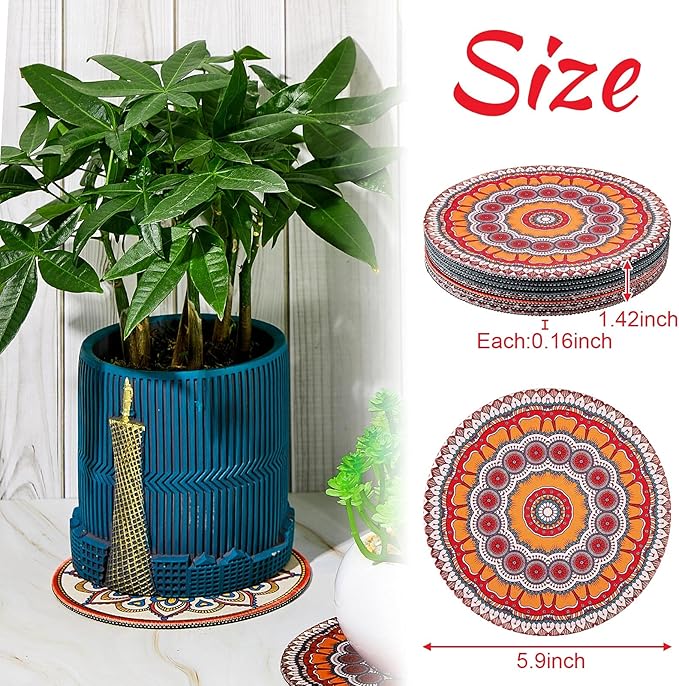 6 Pcs Boho Plant Pot Mat Absorbent Non Slip Round Pot Coaster Pad Gardening Indoor Outdoor Flower Plant Protect for Table Desk Floor, 5.9 Inches
