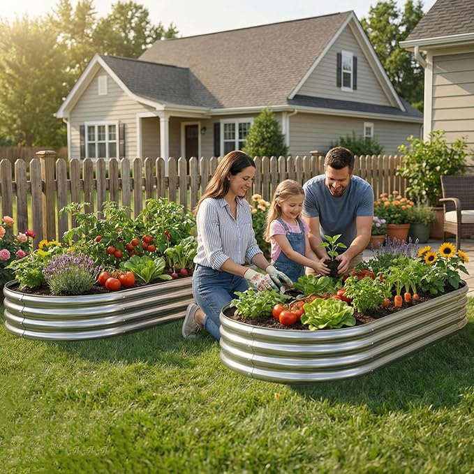AHEONLAR 2 Pack 4x2x1ft Galvanized Raised Garden Bed Kit, Oval Large Metal Planter Box, Sturdy and Durable, Garden Boxes Outdoor Raised for Vegetables, Fruits, Flowers and Herbs(Silver)