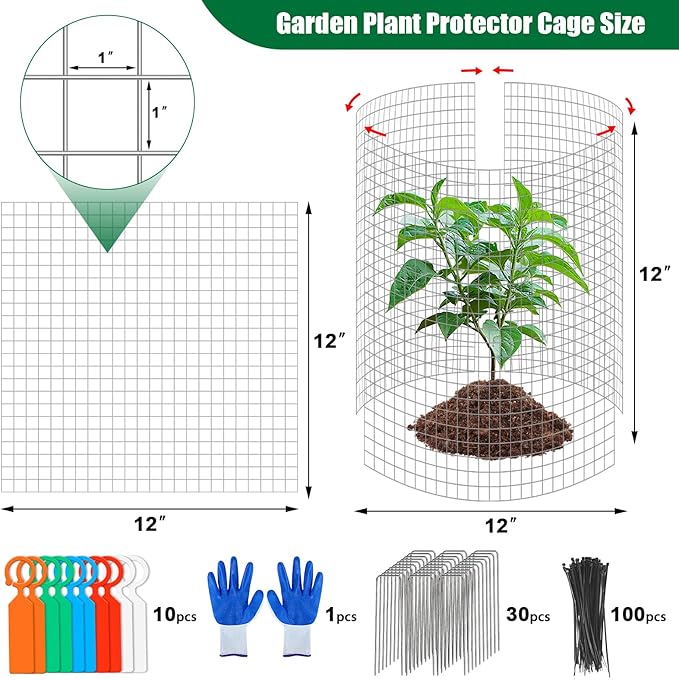 10 Set Garden Plant Protector Cage, 11.8''x11.8'' Metal Wire Protectors for Plants, Protection Cages with Stakes Nylon Ties, Animals Barrier to Keep Chicken Rabbit Away from Plants Flower Vegetables