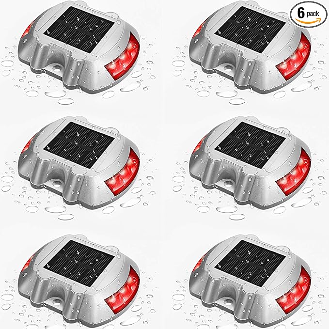 JIGUOOR Solar Deck Lights LED Driveway Lights Solar Powered Dock Light Outdoor IP68 Waterproof Road Markers for Step Sidewalk Stair Boat Garden Ground Pathway Yard (Red, 6 Pack)