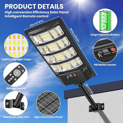 Solar Lights Outdoor, Solar Powered Motion Sensor Solar Street Light, 6500K/4500K/3000K IP66 Waterproof Security Flood Lights with Remote Control for Garden, Yard, Garage, Parking Lot (2 Pack)