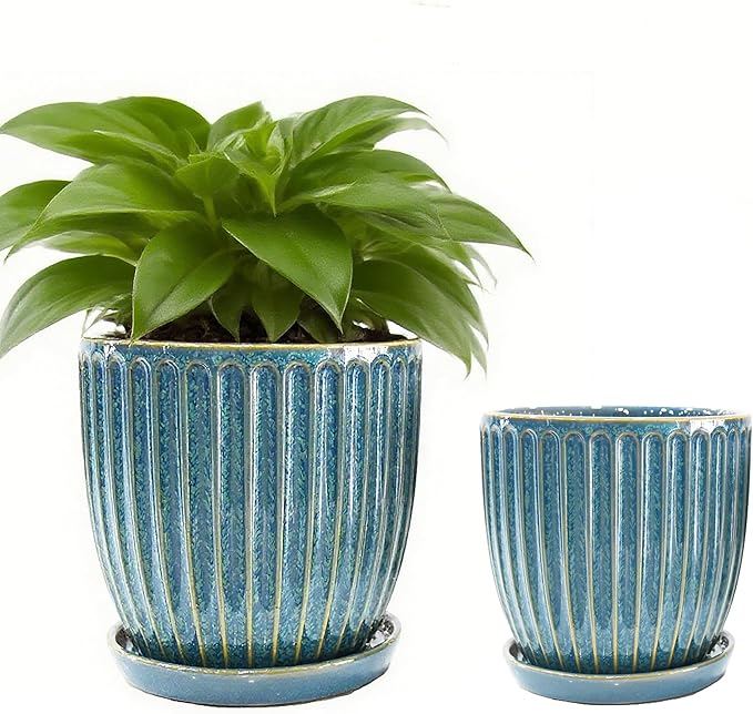 5 + 6 Inch Glaze Blue Ceramic Plant Pots with Drain Hole & Saucer, Flower Pots for Indoor/Outdoor Plants - Succulent, Snake Plant, Money Tree, Aloe Vera, Basil Planter
