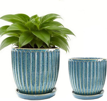 5 + 6 Inch Glaze Blue Ceramic Plant Pots with Drain Hole & Saucer, Flower Pots for Indoor/Outdoor Plants - Succulent, Snake Plant, Money Tree, Aloe Vera, Basil Planter