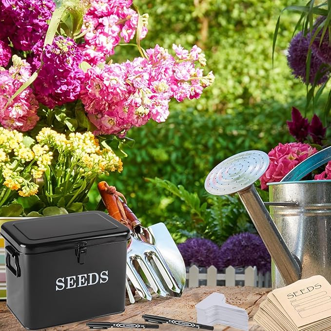 3 Dividers Seed Storage Box, Metal Seed Box Seed Storage Organizer with Safety Lock, Portable Garden Seed Bin, Professional All-in-one Kit, Black