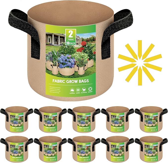 iPower 10-Pack 2 Gallon Plant Grow Bags Thickened Nonwoven Aeration Fabric Container Heavy Duty Durable Pots, Strap Handles for Garden, Tan
