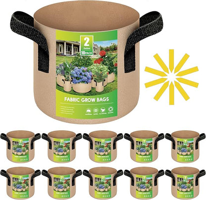 iPower 10-Pack 2 Gallon Plant Grow Bags Thickened Nonwoven Aeration Fabric Container Heavy Duty Durable Pots, Strap Handles for Garden, Tan
