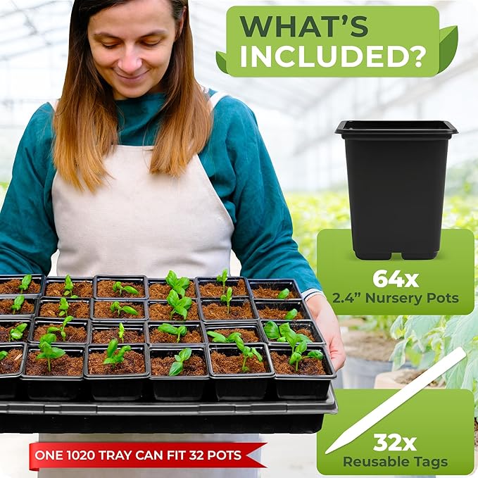 CARPATHEN 64Pack Square Nursery Pots - 2.4 Inch Plastic Seedling Pots with Drainage Holes - Reusable Seed Starter Pots for Plants, Succulent, Flowers, Vegetables - Plant Starter Pots and Sticker Label