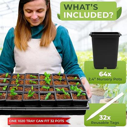 CARPATHEN 64Pack Square Nursery Pots - 2.4 Inch Plastic Seedling Pots with Drainage Holes - Reusable Seed Starter Pots for Plants, Succulent, Flowers, Vegetables - Plant Starter Pots and Sticker Label