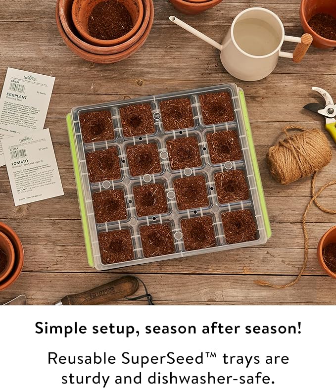 Burpee SuperSeed Seed Starting Tray | 16 XL Cell | Reusable & Dishwasher Safe | for Starting Vegetable Seeds, Flower Seeds & Herb Seeds | Indoor Grow Kit for Deep-Rooted Seedlings, Green