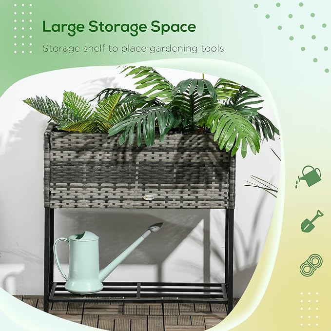 Outsunny Raised Garden Bed, Elevated Planter Box with Rattan Wicker Look, Tool Storage Shelf, Portable Design for Herbs, Vegetables, Flowers, Gray