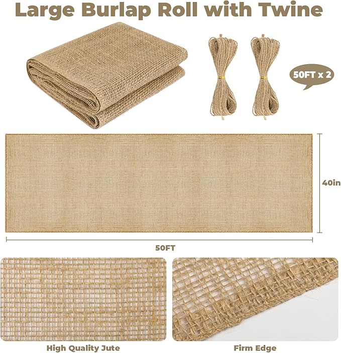 40" x 50 Ft Natural Burlap Fabric Roll with 2 Free Jute Twines - Garden Burlap Wrap for Trees, Winter Plant Protection, Weed Barrier, Raised Bed Liners, Craft & Aisle Runner