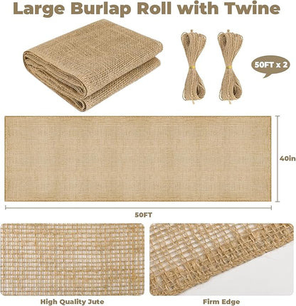 40" x 50 Ft Natural Burlap Fabric Roll with 2 Free Jute Twines - Garden Burlap Wrap for Trees, Winter Plant Protection, Weed Barrier, Raised Bed Liners, Craft & Aisle Runner