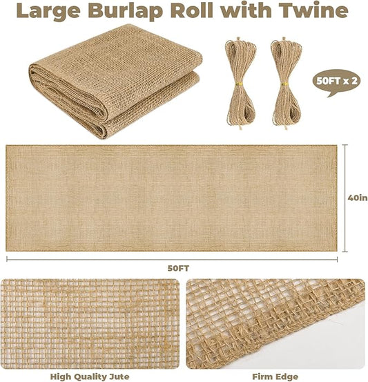 40" x 50 Ft Natural Burlap Fabric Roll with 2 Free Jute Twines - Garden Burlap Wrap for Trees, Winter Plant Protection, Weed Barrier, Raised Bed Liners, Craft & Aisle Runner
