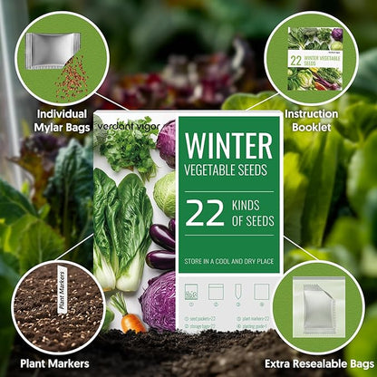 22 Winter Seeds Variety Pack for Planting, Over 10,000 Vegetable Seeds, USA Grown, Heirloom, Non-GMO, for Indoor Outdoor Gardening, Lettuce, Kale, Kohlrabi, Broccoli, Spinach, Carrot and More