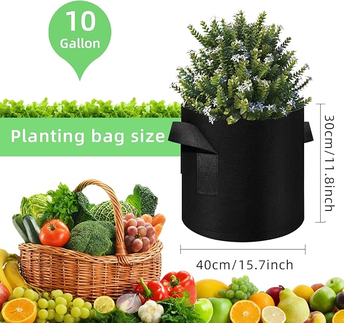 10 Gallon Garden Grow Bags, 30 Pack 10 Gal Planter Bags Fabric Pot Bags, Nonwoven Grow Bags Heavy Duty Aeration Pots with Handles, Garden Fabric Planters for Vegetables Flowers (Black)