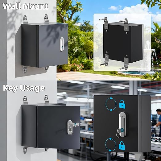 Joinfworld Outdoor Electrical Box 9.8" x 9.8" x 5.9" Weatherproof Electrical Junction Enclosure with Lock Din Rail Cable Gland