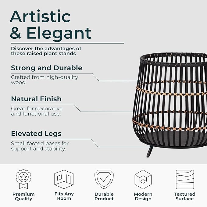 Set of 3 Woven Basket Decorative Planter Pot with Short Legs – Bamboo & Rattan Outdoor & Indoor Plant Pot – Modern Garden & Home Decor Planters – 13", 17", & 19", Black