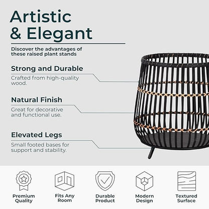 Set of 3 Woven Basket Decorative Planter Pot with Short Legs – Bamboo & Rattan Outdoor & Indoor Plant Pot – Modern Garden & Home Decor Planters – 13", 17", & 19", Black