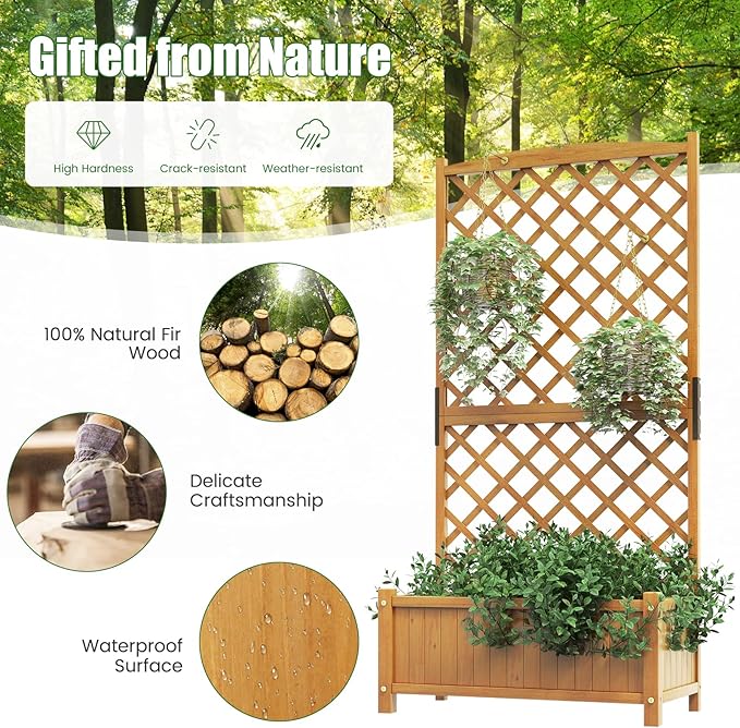 HAPPYGRILL 2 Pcs Raised Garden Bed, 71" Wooden Planter Box with Trellis, Drainage Holes, Freestanding Elevated Garden Bed for Vine Climbing Plants (Yellow)
