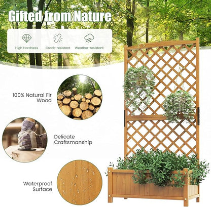 HAPPYGRILL 2 Pcs Raised Garden Bed, 71" Wooden Planter Box with Trellis, Drainage Holes, Freestanding Elevated Garden Bed for Vine Climbing Plants (Yellow)
