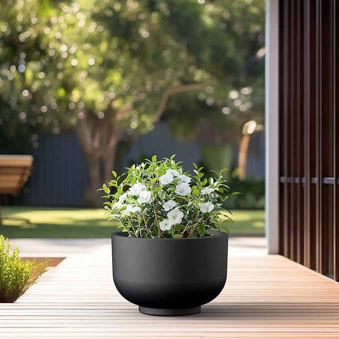 Kante 17.7 Inch Dia Concrete Bowl Planter, Large Tapered Bottom Plant Pot with Drainage, Smooth Black Finish with Painted Interior, Ideal for Porch, Home, Garden, Patio
