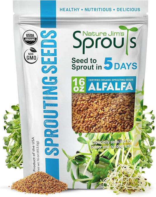 Nature Jims Sprouts Alfalfa Seeds – Non-GMO Organic Sprout Growing Kit for Planting – Premium Resealable Bag for Fresh Homegrown Sprouting Seeds – Rich in Nutrients, Vitamins, Fiber & Minerals – 16oz