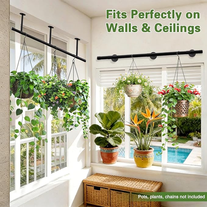 Plant Hanging Rod, 62 Inch Plant Hanger Indoor for Window Ceiling, Heavy Duty Hanging Planters for Indoor Plants, Black Wall Plants Holder, Window Plants Shelves Pot/Chain/Plant Not Included