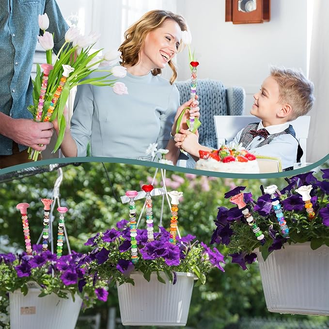 Tigeen 236 Pcs Garden Stake DIY Fairy Wand Plant Stake with 12 Colorful Crystal Stopper Top 12 Threaded Rod with 200 Large Hole Bead for Spring Summer Holiday Outdoor Decorations(Ceramic Rose Heart)
