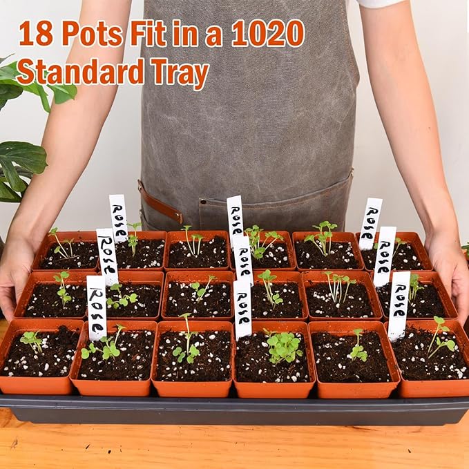 June Fox 100 Pack Red Square Nursery Pots with Drainage Holes 3.3 Inches Flexible Plastic Seedling Pots Square Pots for Plants, Succulent, Flower, with Plant Labels