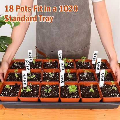 June Fox 100 Pack Red Square Nursery Pots with Drainage Holes 3.3 Inches Flexible Plastic Seedling Pots Square Pots for Plants, Succulent, Flower, with Plant Labels