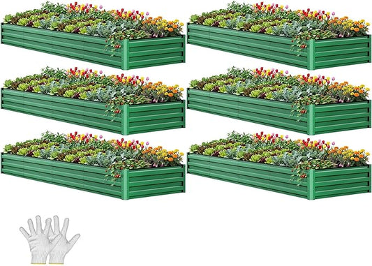 YITAHOME 6pcs 12x4x1 ft Galvanized Raised Garden Bed Kit, Large Metal Planter Box with Gloves, Safety Rubber & Support Rod, Outdoor Flower Bed for Plants Vegetables, Black