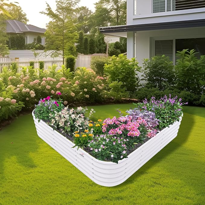 A ANLEOLIFE 2 Set Heart-Shaped Galvanized Raised Garden Beds Outdoor,81x81x18in Large Metal Planter Box for Planting Vegetables Flowers Herb, Anti-Rust & Easy-Setup, Antique White