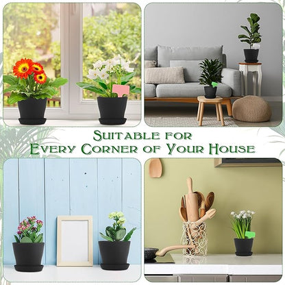 Aodaer 16 Pack 4 Inch Plastic Planters with Multiple Drainage Holes and Tray Indoor Outdoor Flower Plant Nursery Pots with Labels Flower Seedling Pots for Herb Garden Home Succulents, Black