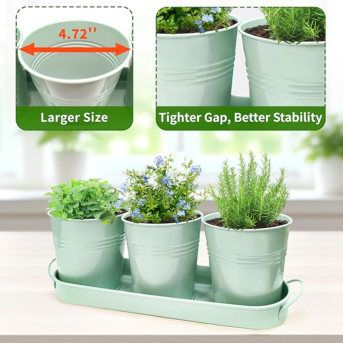 Metal Herb Garden Planter Set with Tray, 3-Pack Green Zinc-Coated Windowsill Plant Pots with Drainage Holes & Handles for Indoor Outdoor Kitchen Garden