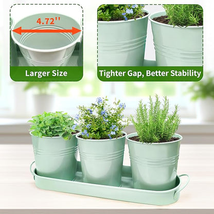 Metal Herb Garden Planter Set with Tray, 3-Pack Green Zinc-Coated Windowsill Plant Pots with Drainage Holes & Handles for Indoor Outdoor Kitchen Garden