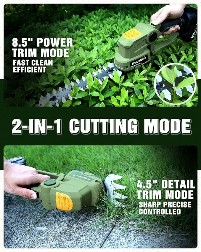 Breeze Touch 21v Cordless Hedge Trimmer, Electric Bush Shear & 2 Blades Grass Tool with 1.5ah Battery and Fast Charger, Light Weight Handheld Solution for Lawn and Garden Care