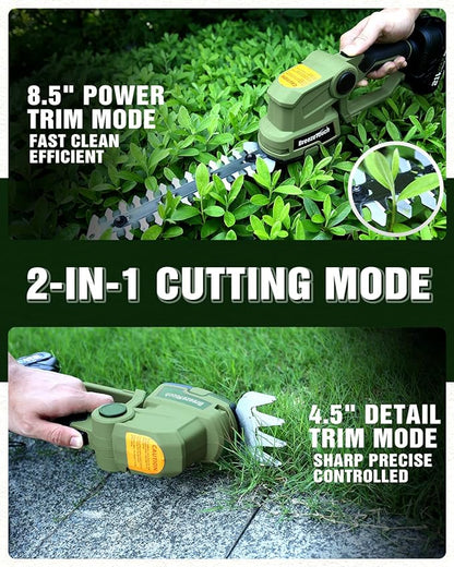 Breeze Touch 21v Cordless Hedge Trimmer, Electric Bush Shear & 2 Blades Grass Tool with 1.5ah Battery and Fast Charger, Light Weight Handheld Solution for Lawn and Garden Care