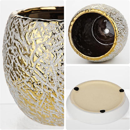 Ceramic Plant Pots for Plants Indoor 5.3 Inch Round Gold and White Flower Pot Gilded Decorative Planter with Drainage Hole and Saucer Modern Ceramic Pot for Succulents Orchids Cactus Herbs Home Decor