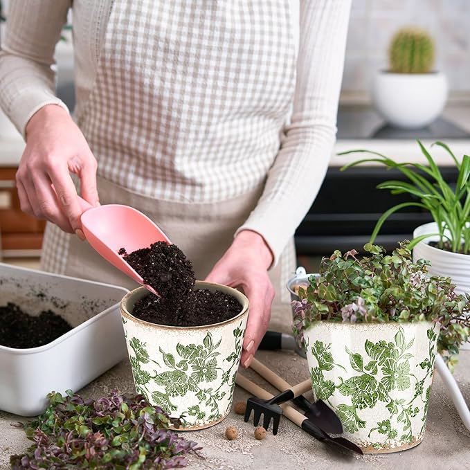 Farmhouse Ceramic Planter 5.1 Inch Large Plants Pot Crack Beige Green Floral Vine Plant Pots with Drainage Hole Indoor Plants Kitchen Rustic Antique Decor Gift