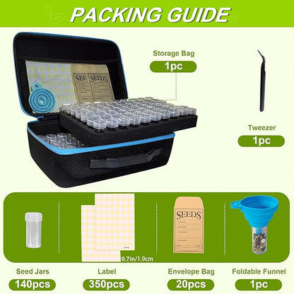 140 Slots Seed Storage Organizer Box with 20 Envelopes, Large Capacity Seed Storage Container with Zipper Bag, Label Stickers, Tweezers, Funnel, Garden Seeds Saver Kit for Vegetable, Flower
