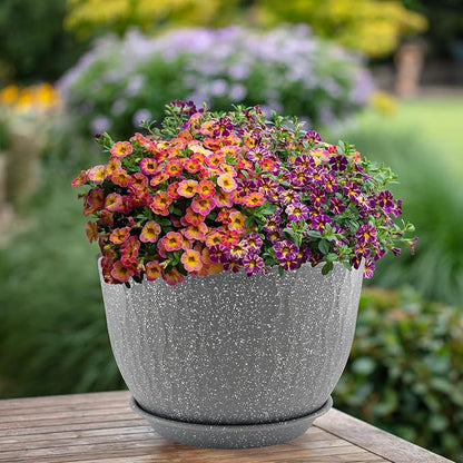 12/10/9 inch Plant Pots, 3 Pack Flower Pots for Outdoor Indoor Garden Plants, Large Planters with Multi Mesh Drainage Holes and Saucer (Speckled Grey, 12"+10"+9")