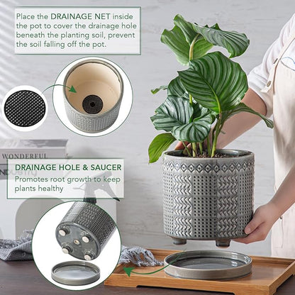 Indoor-Outdoor Ceramic Plant Pots: 8 Inch Flower Pots with Drainage Hole & Saucer - Decorative Ceramic Pots for Plants Herbs Succulents - Home Garden Patio Lawn Use