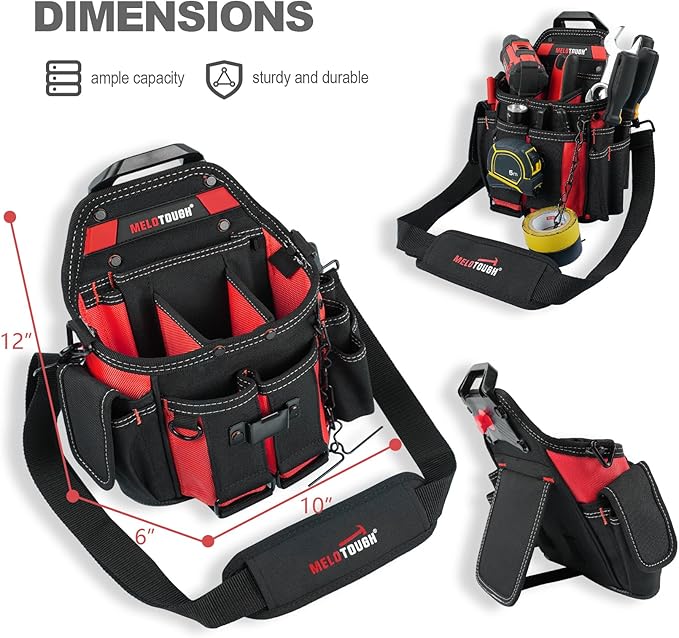 MELOTOUGH Professional Electrician Tool Pouch Bag with Shoulder Strap Tool Pouch with Belt Clip Quickly Attach and Release Tool Bag