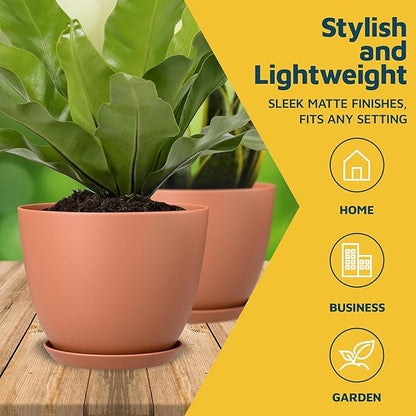 Terracotta Plant Pots with Drainage Holes & Saucers 5 Pack, Indoor & Outdoor Stackable Space-Saving Planters for Houseplants & Flowers, (7", 6.7", 6", 5.3", and 4.8" Inches), Durable & Weatherproof