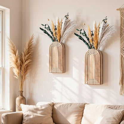 DREAMLOOM 2 Pack Wooden Wall Vases with Dried Pampas Grass and Eucalyptus Plants, Wall Hanging Planters Boho Modern Farmhouse Indoor for Narrow Spaces Entryway Bathroom Home Office Decoration, Brown