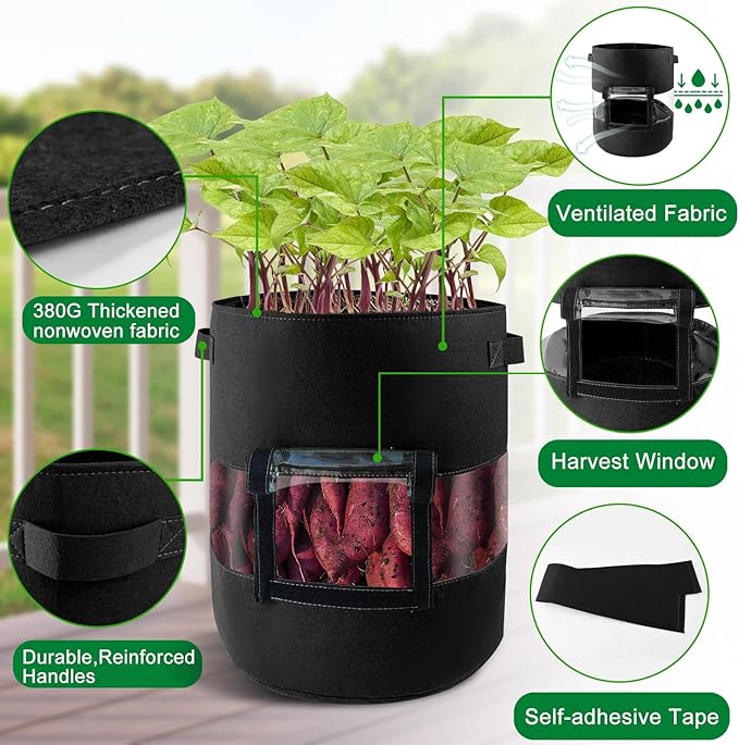 2-Pack 11 Gallon 360°Visible Potato Grow Bags, Potato Pot Planter with Flap Window Shade Cloth, Potato Growing Containers, 380g Thickened Felt Garden Planting Bag for Growing Potatoes Vegetables