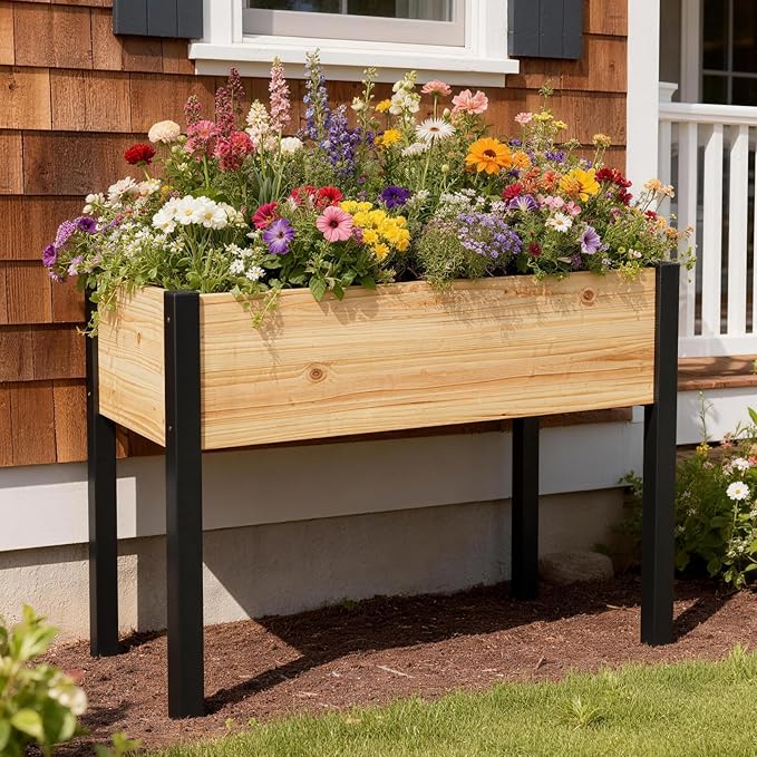 DoCred Raised Garden Bed, 45.7" x 22.8" x 31.5" Large Elevated Wooden Horticulture Planter Box with Metal Legs Standing Growing Bed Planter for Gardening, Balcony, Backyard, Patio