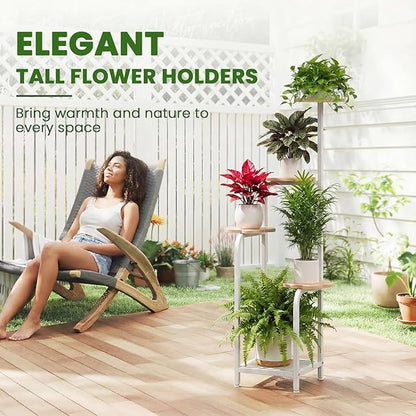 TOSKING 5 Tier Metal Plant Stand Indoor 48''H Tall ,Heavy Duty Plant Shelf , Corner Shelf Flower Pot Stand for Outdoor Plant Stand for Living Room Balcony Garden Patio Bedroom (5 Tier-White and Wood)