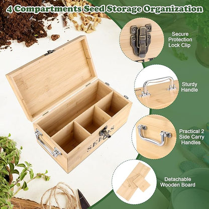 Coolrunner Wood Seed Saving Box, Seed Storage Organizer Case, Seed Packet Storage Organizer with Lock and 3 Handles, 30P Plant Labels, 30P Seeding Envelopes Bag (Natural Wood Color)