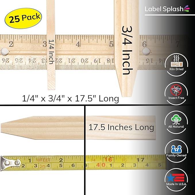 25 Pack 17.5" Wood Stakes for Garden Marking Survey Grading Paint Stirring Stick Model Building Landscaping Plant Support and Crafts 17.5 Inch Made in The USA by LABELSPLASH